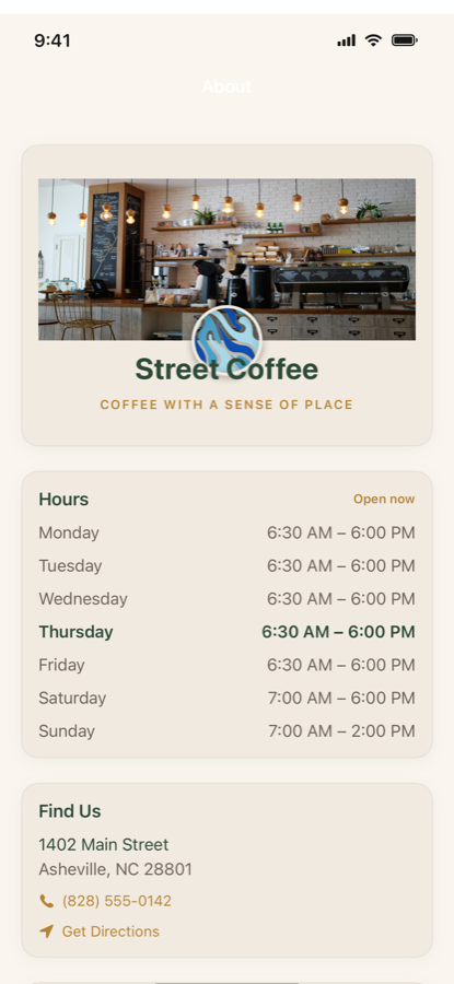 Street Coffee app — about the shop