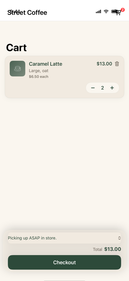Street Coffee app — cart