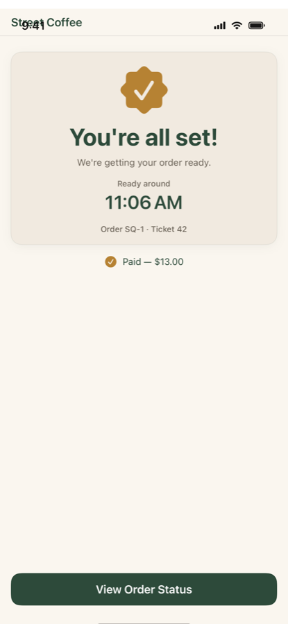 Street Coffee app — order confirmation