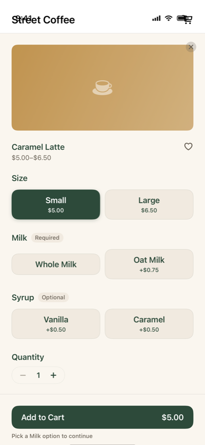 Street Coffee app — item detail