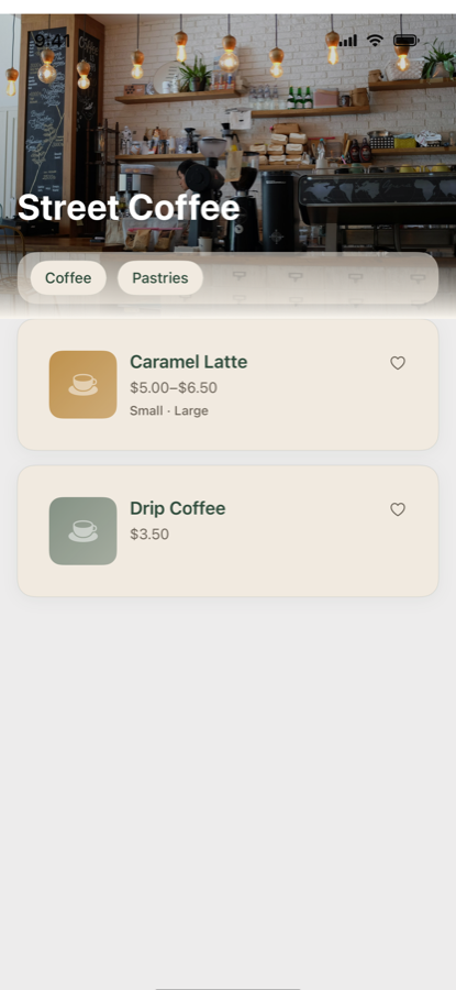 Street Coffee ordering app — menu screen